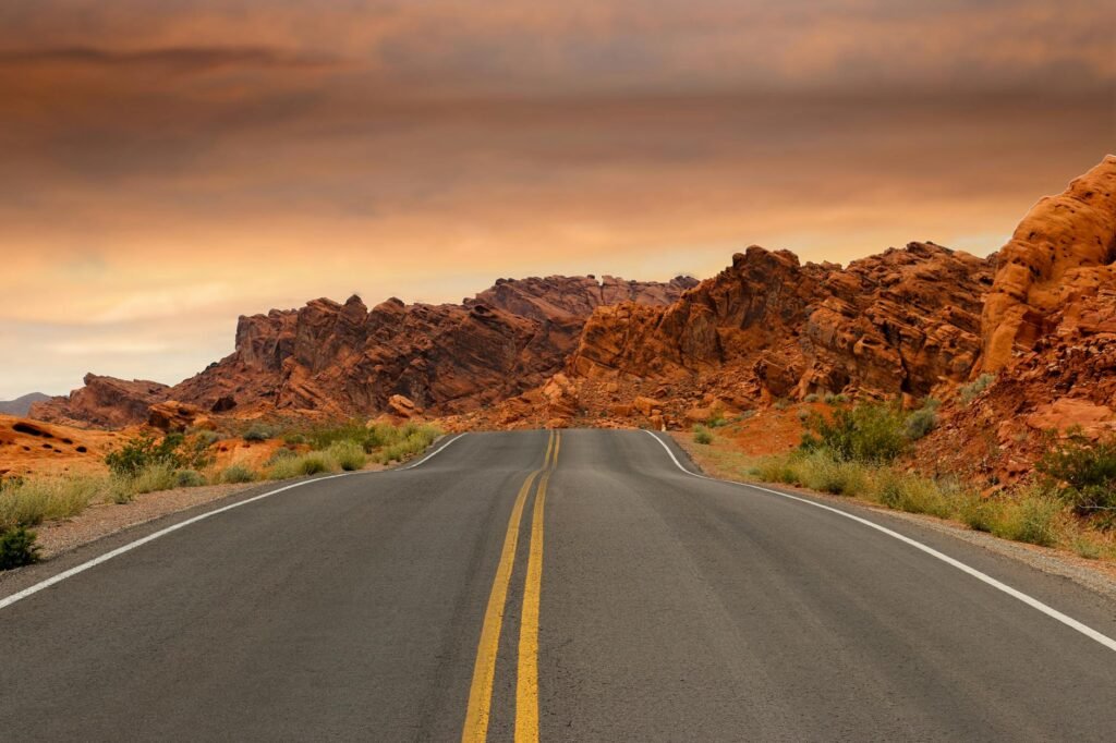 road mountains sunset path 163848