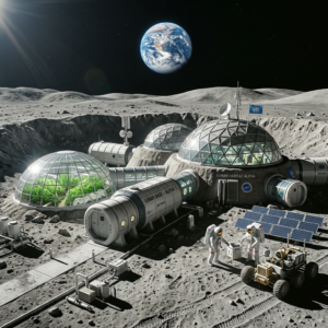 Lunar base with interconnected habitat domes, astronauts, and Earth in the background